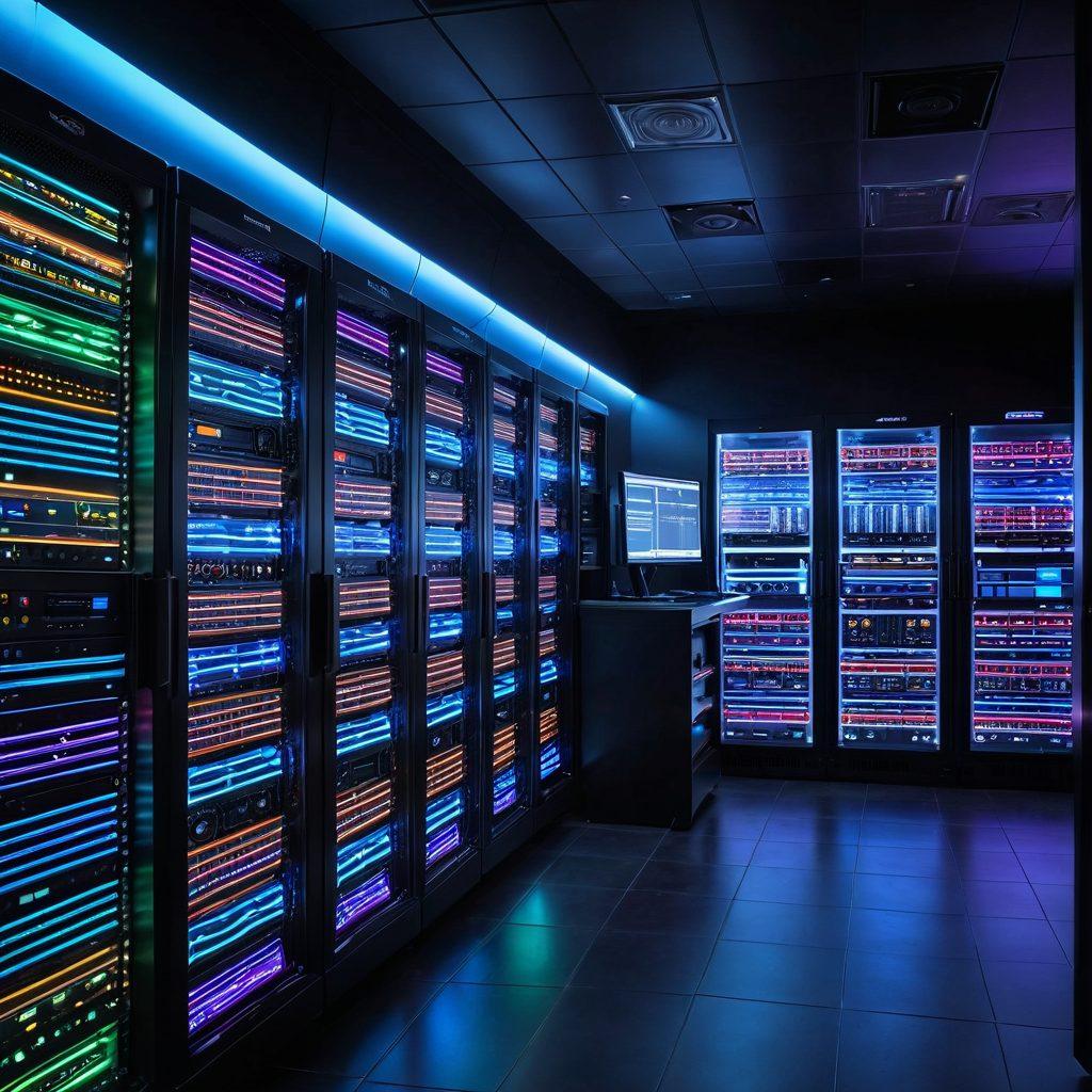 A sleek server room filled with high-performance servers, glowing with vibrant LED lights, where an engineer is actively monitoring data on multiple screens displaying performance graphs and statistics. In the foreground, a detailed checklist with tips for server management is present, blending a high-tech ambiance with a professional atmosphere. The backdrop subtly hints at an adult content delivery theme with blurred neon signs. super-realistic. vibrant colors. 3D.