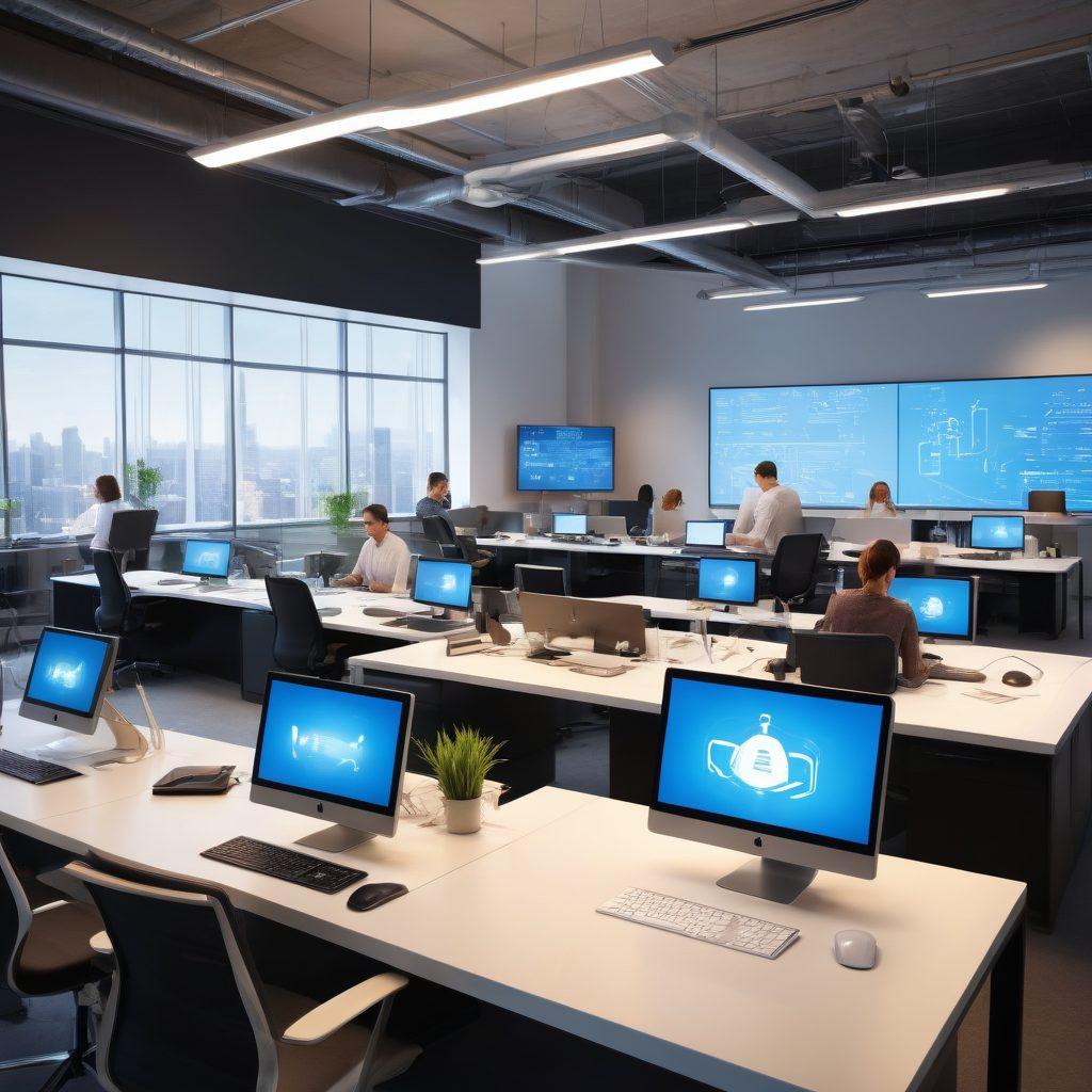 A dynamic and informative scene depicting a diverse group of adults engaged with computers and technology in a modern office setting, showcasing elements of web hosting solutions like servers, websites on screens, and digital networking imagery. The atmosphere should convey collaboration and success, with bright colors symbolizing vibrancy and energy. Include motivational elements like upward arrows and light bulbs to suggest ideas and growth. super-realistic. vibrant colors. modern design.