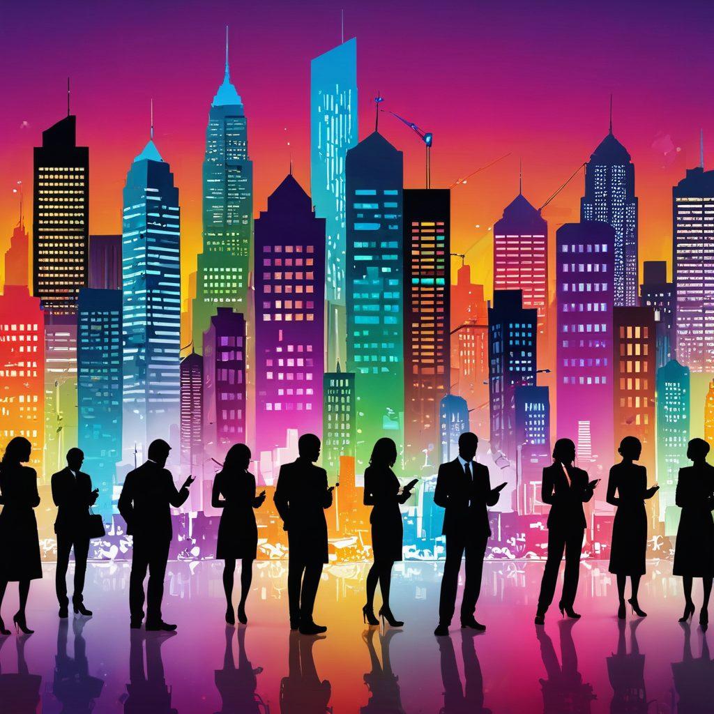 A diverse array of adult service providers in a vibrant cityscape, showcasing various platforms available for service interactions. Include silhouettes of people representing different backgrounds, as well as digital elements like smartphones and apps in the foreground, symbolizing modern platform services. The scene should convey a blend of professionalism and creativity in the adult industry. Use a colorful and dynamic style to engage the viewer. vibrant colors. 3D. digital art.